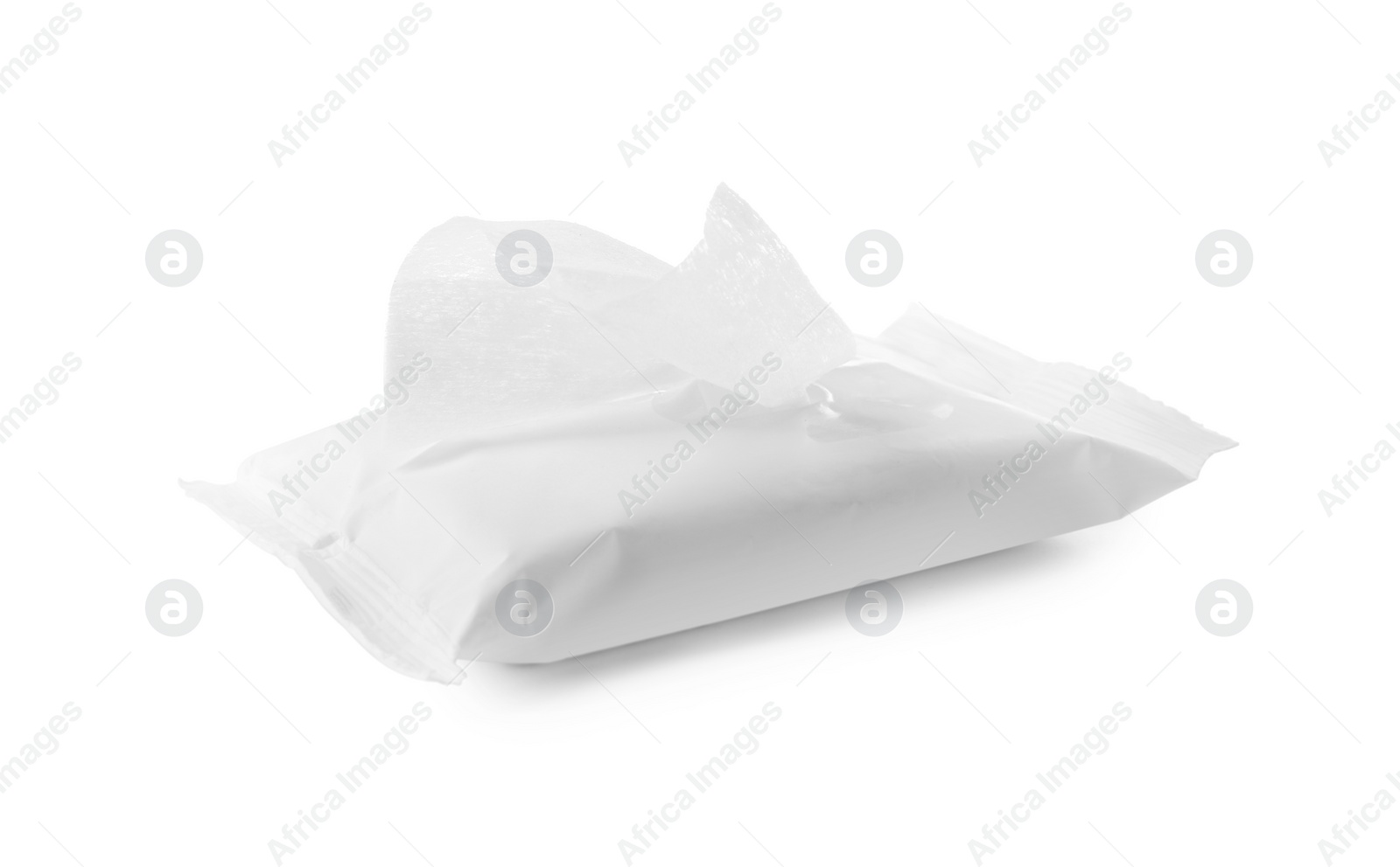 Photo of Open wet wipes flow pack isolated on white