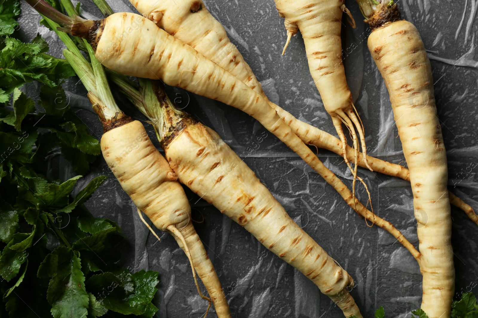 Photo of Tasty fresh ripe parsnips on grey table, flat lay