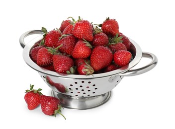 Metal colander with fresh strawberries isolated on white