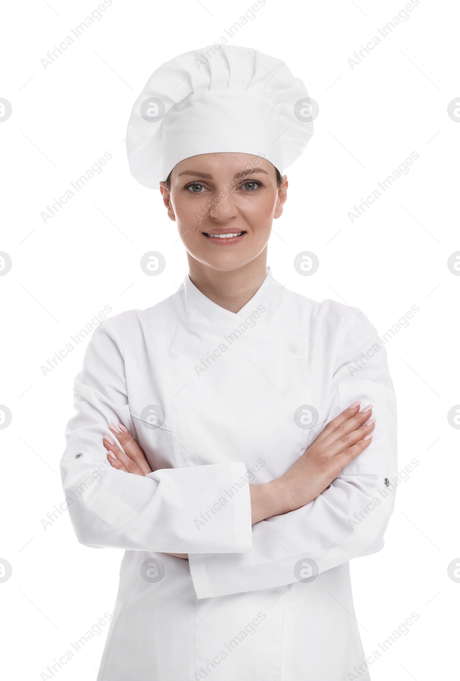 Photo of Happy woman chef in uniform on white background