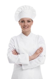 Photo of Happy woman chef in uniform on white background