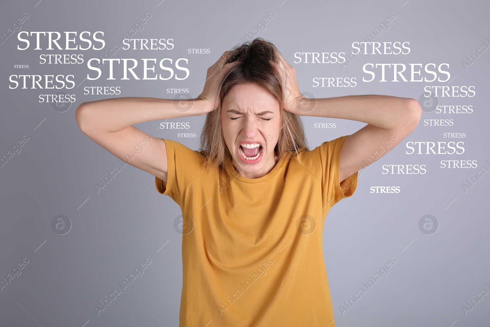 Image of Stressed young woman and text on grey background