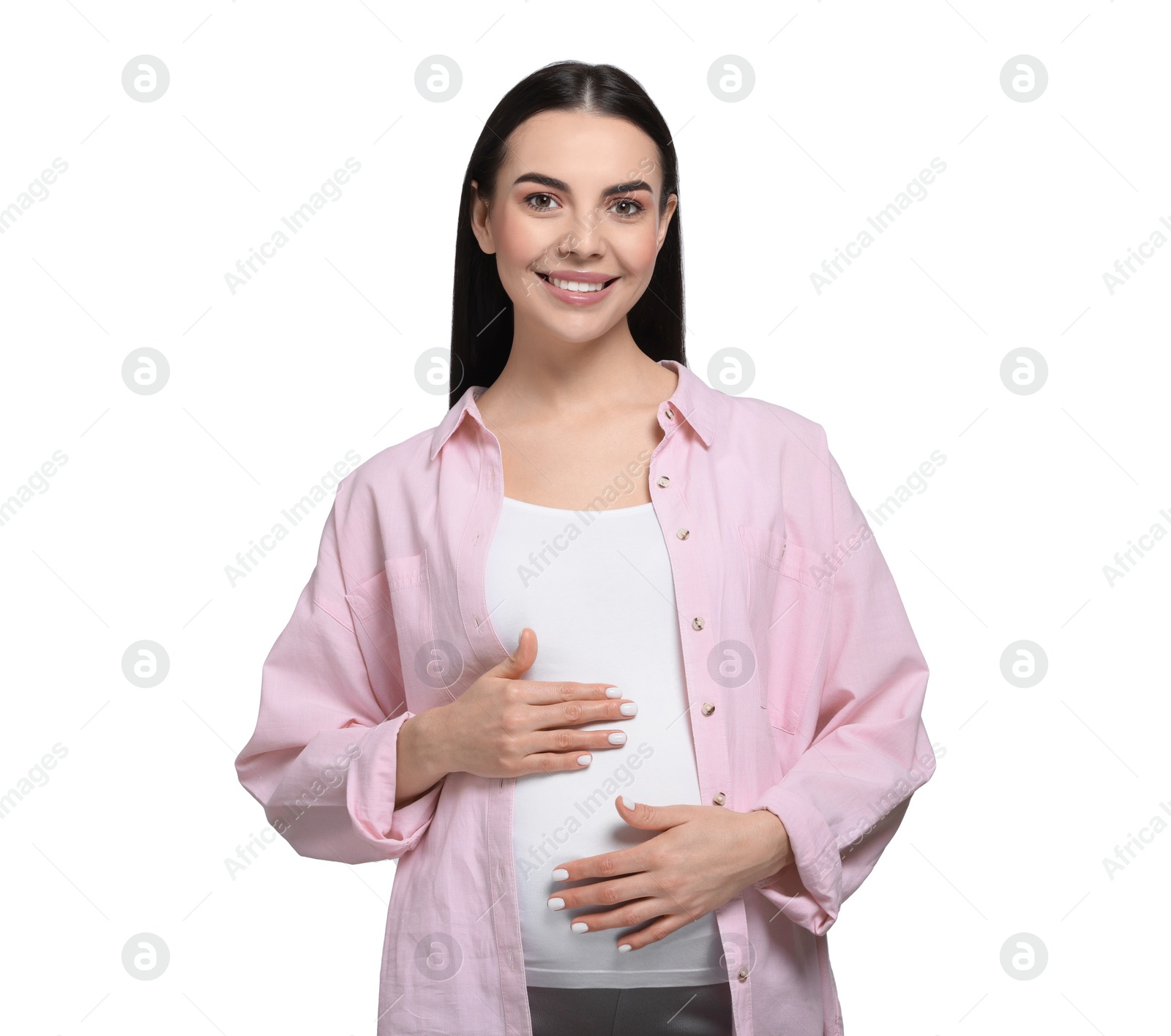 Photo of Portrait of beautiful pregnant woman isolated on white