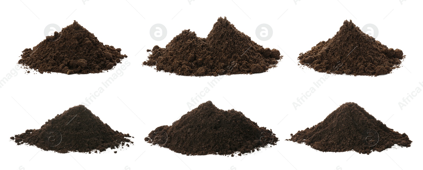 Image of Set with piles of fertile soil on white background. Banner design