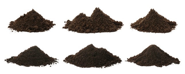 Image of Set with piles of fertile soil on white background. Banner design