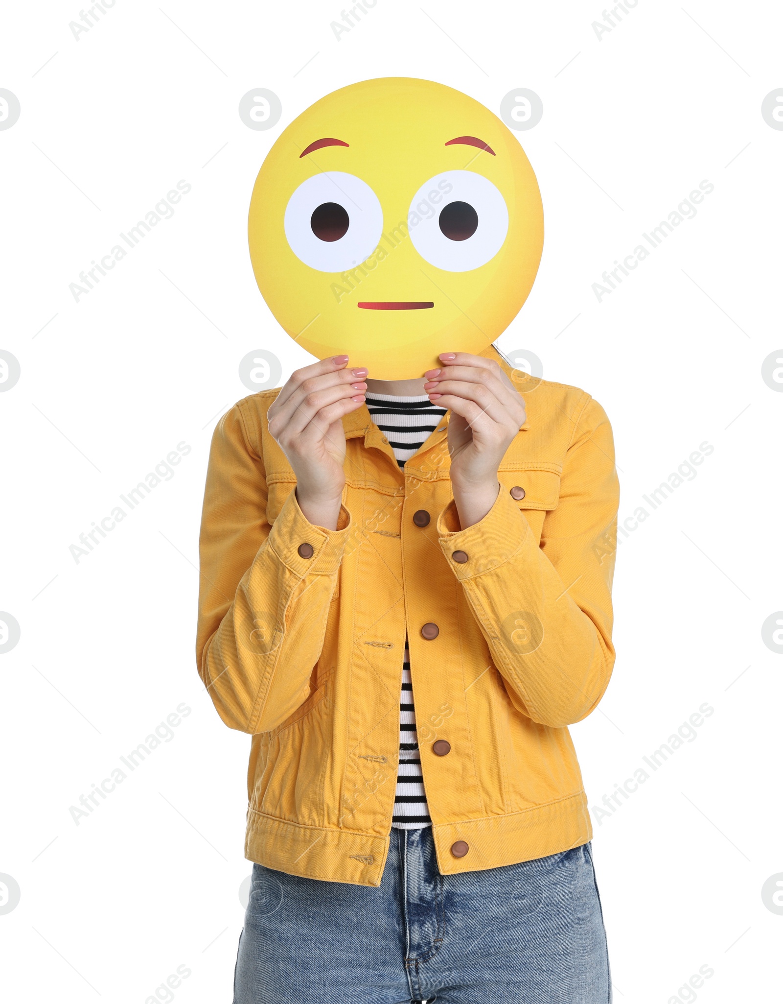 Photo of Woman covering face with surprised emoticon on white background