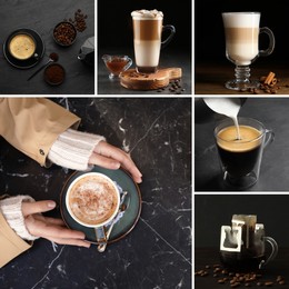 Beautiful collage with different photos of aromatic coffee