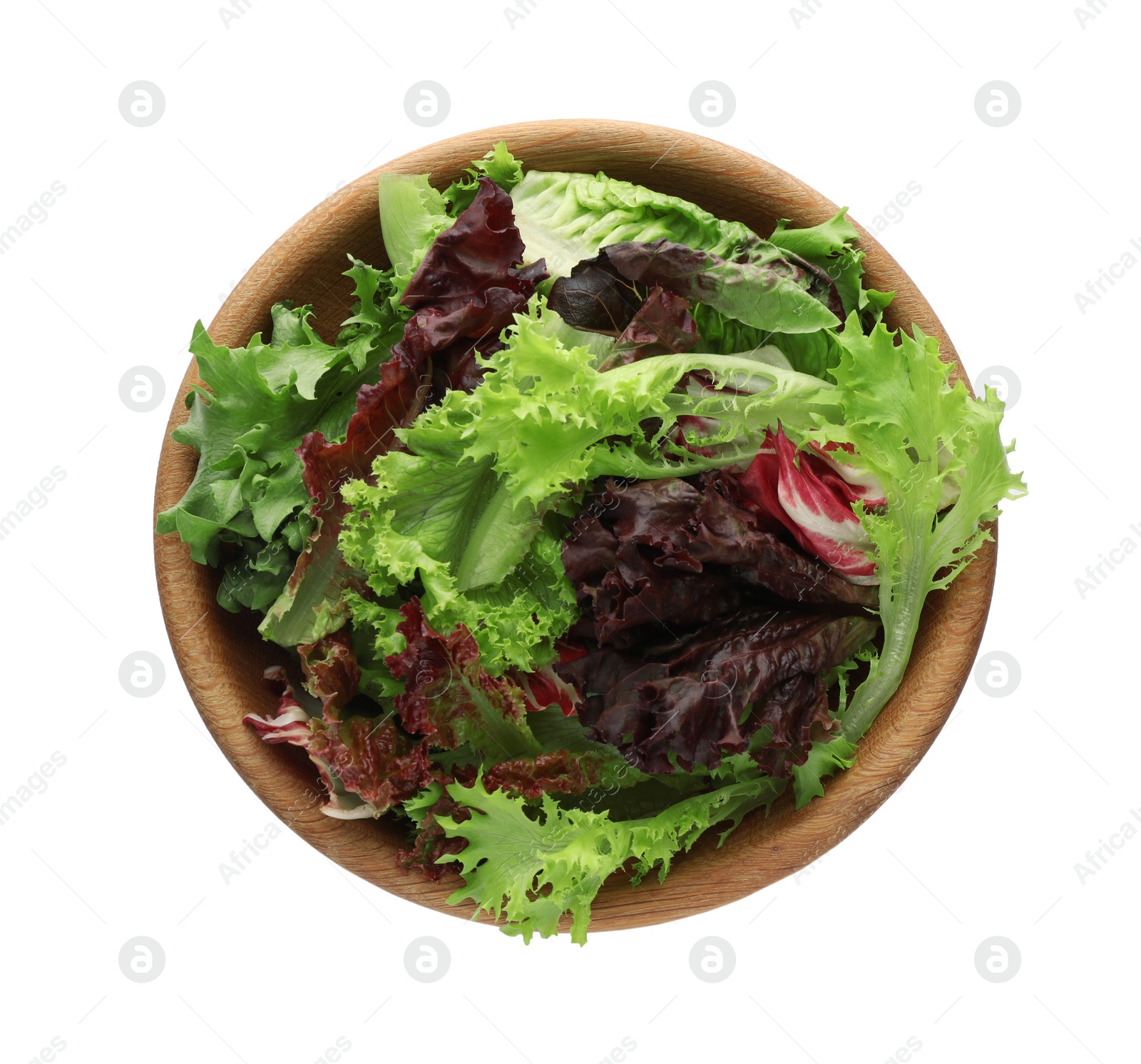 Photo of Wooden bowl with leaves of different lettuce on white background, top view