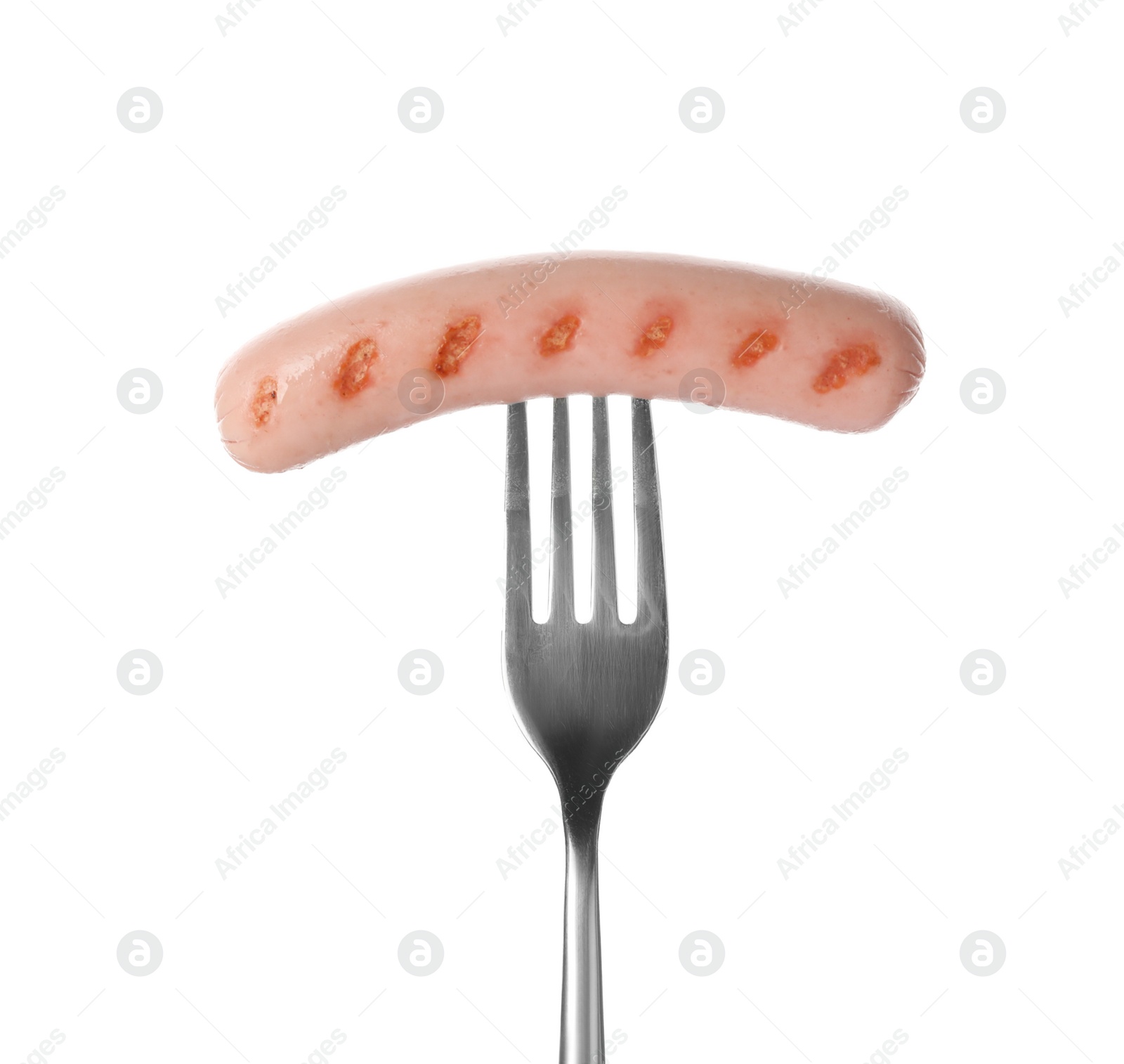 Photo of Fork with tasty cooked sausage on white background. Meat product