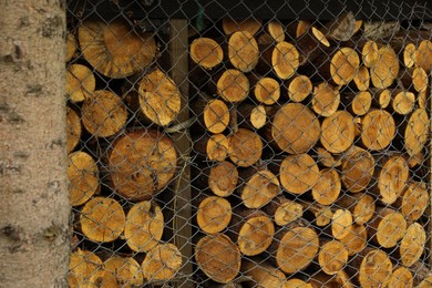 Stacked firewood behind wire mesh fence. Heating in winter