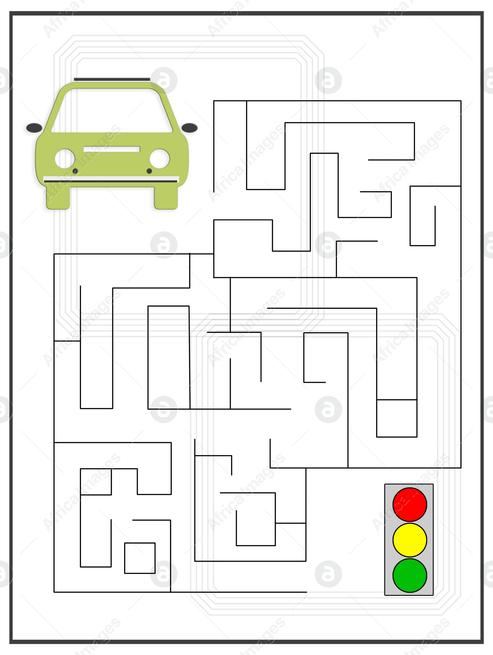 Illustration of Learning game for kids. Labyrinth between car and traffic light, illustration