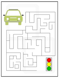 Learning game for kids. Labyrinth between car and traffic light, illustration