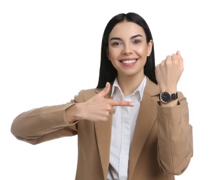 Businesswoman with wristwatch on white background. Time management