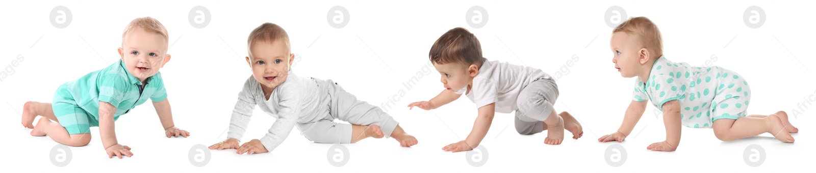 Image of Collage with photos cute little babies crawling on white background. Banner design