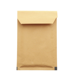 Photo of Kraft paper envelope isolated on white. Mail service