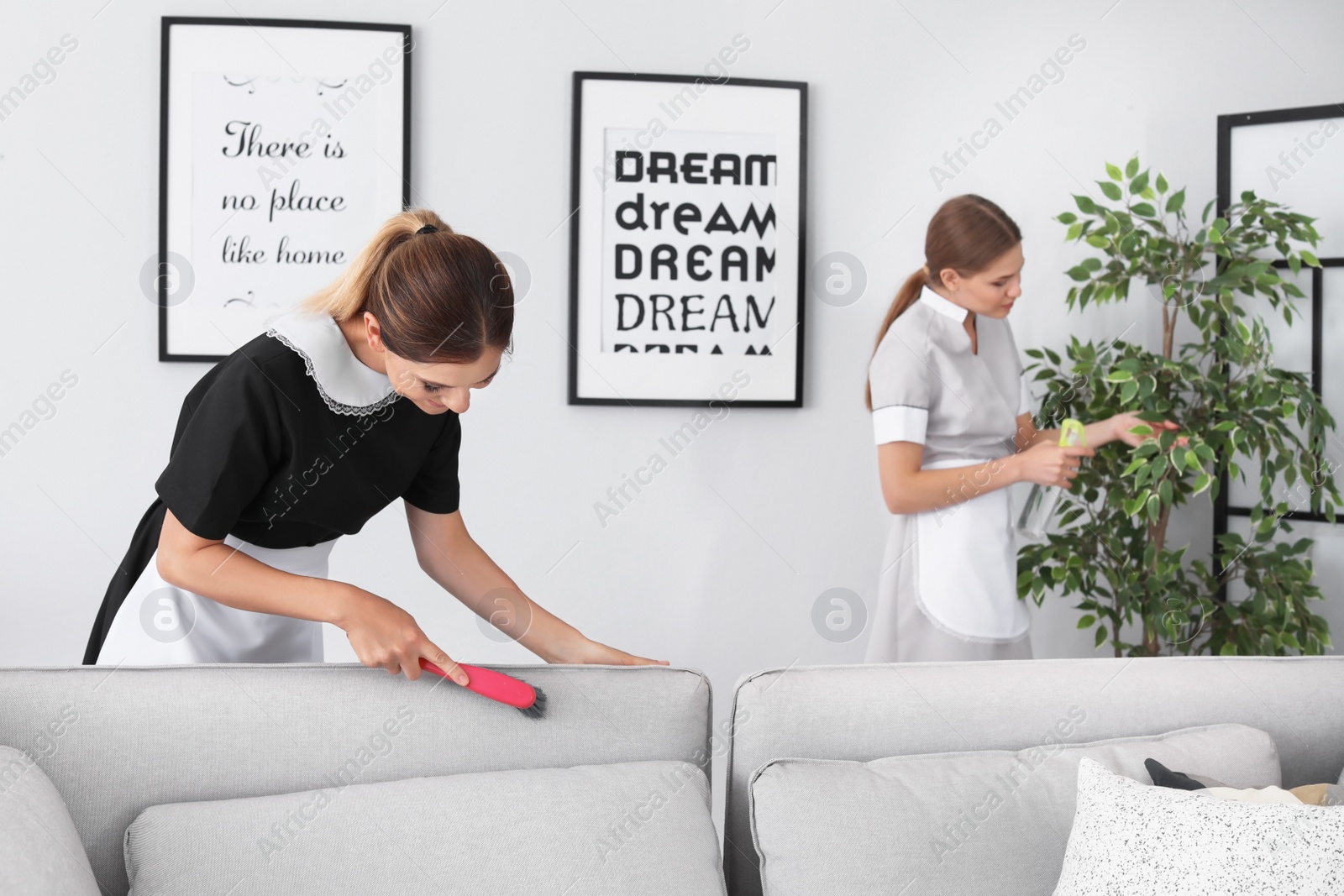 Photo of Professional chambermaids cleaning room in modern hotel