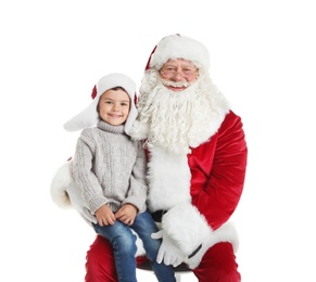 Photo of Little boy and authentic Santa Claus on white background