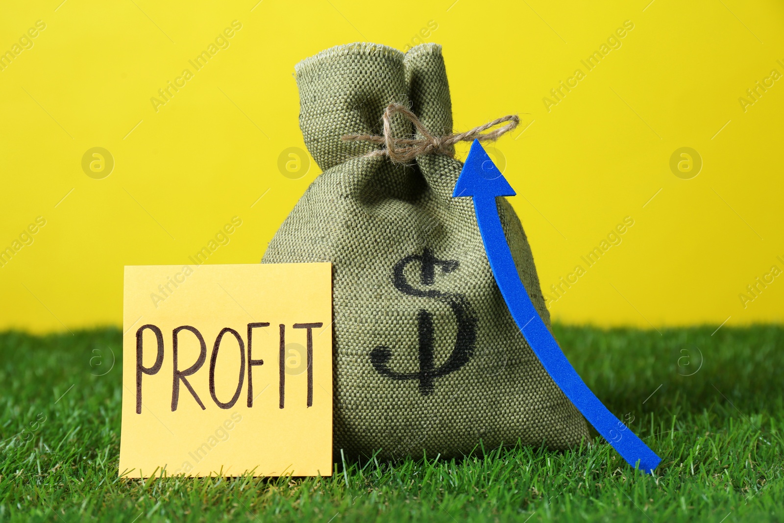 Photo of Sticky note with word Profit, money of bag and up arrow against yellow background