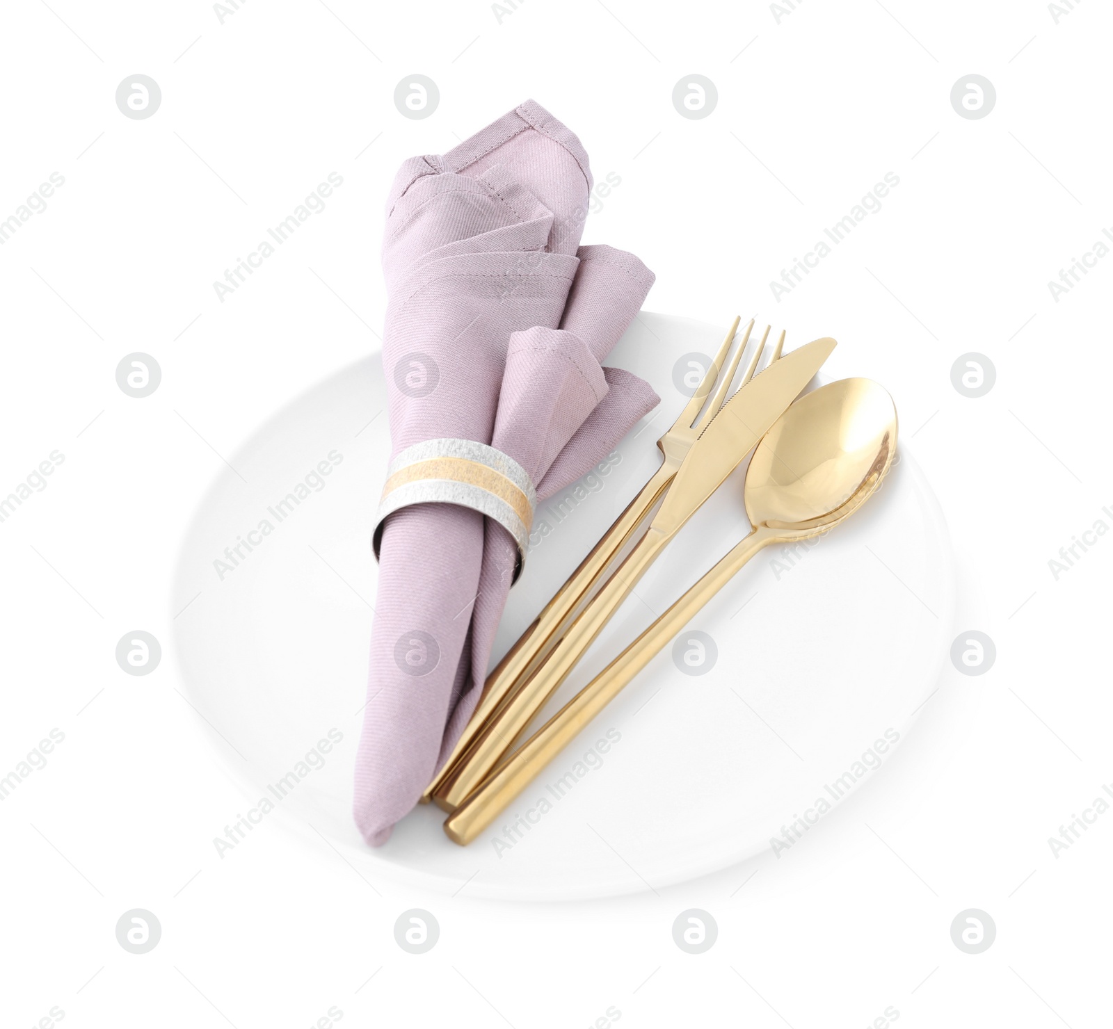 Photo of Stylish elegant cutlery with napkin in plate isolated on white