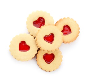 Photo of Traditional Christmas Linzer cookies with sweet jam on white background