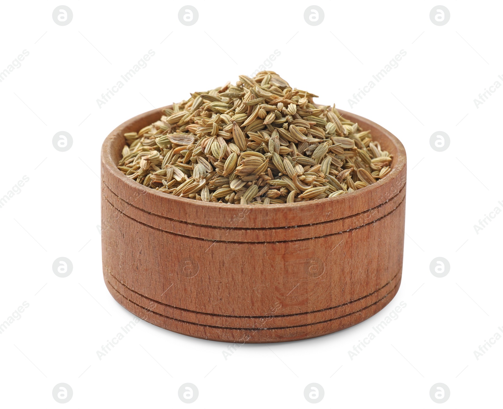 Photo of Dry fennel seeds in bowl isolated on white