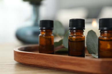 Photo of Aromatherapy. Bottles of essential oil and eucalyptus leaves on wooden table, closeup