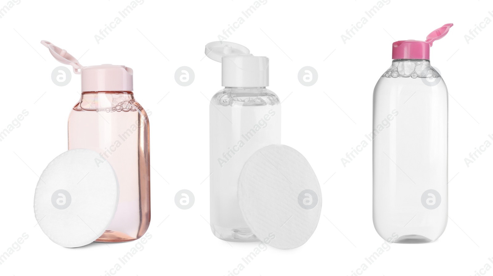 Image of Set with bottles of micellar cleansing water and cotton pads on white background