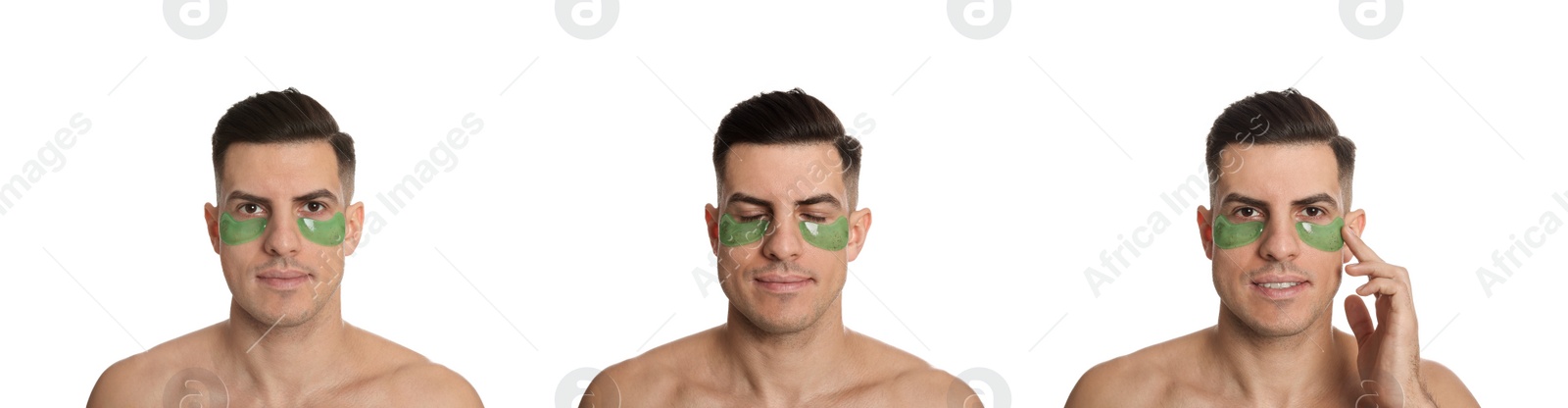 Image of Collage of handsome man with cosmetic under eye patches on white background. Banner design