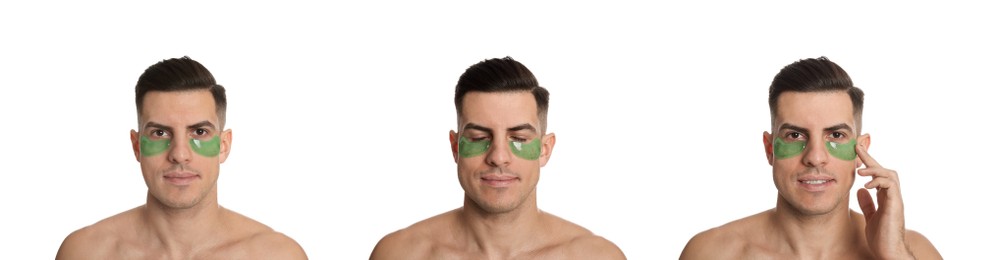 Image of Collage of handsome man with cosmetic under eye patches on white background. Banner design