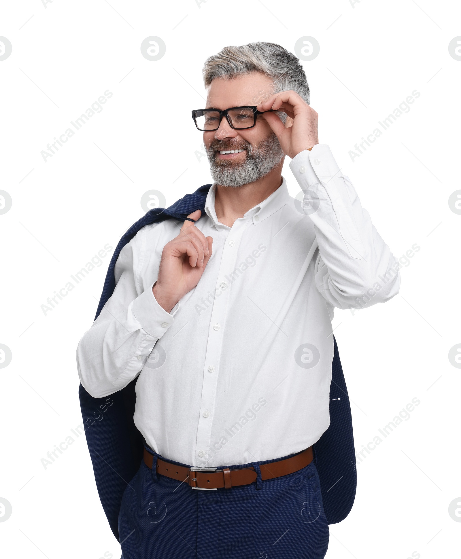 Photo of Mature businessman in stylish clothes posing on white background