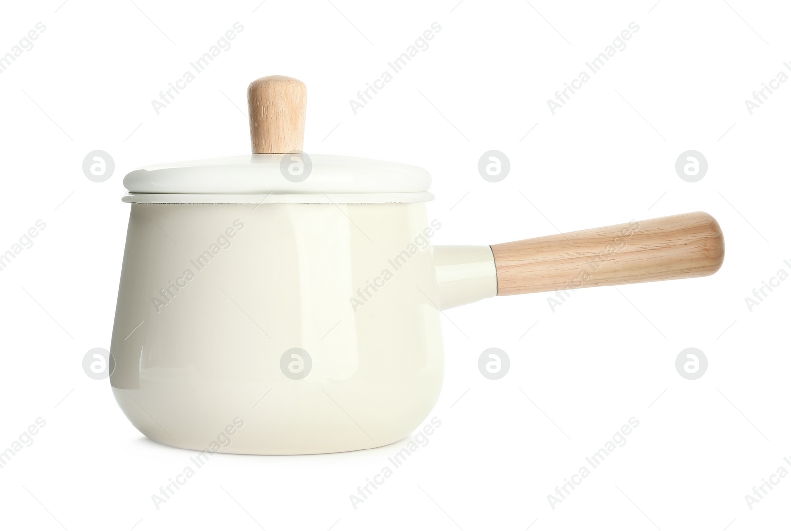 Photo of Saucepan with wooden handle isolated on white. Cooking utensil