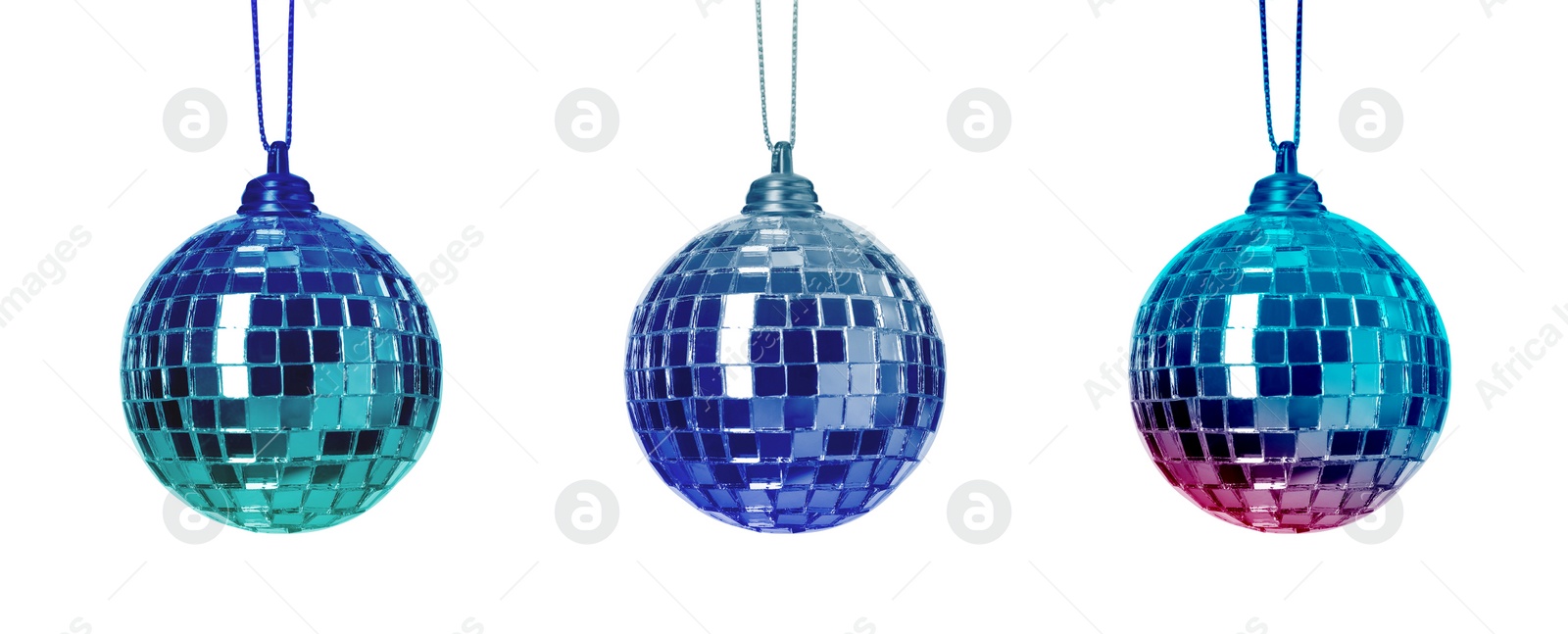 Image of Set with colorful shiny disco balls on white background. Banner design