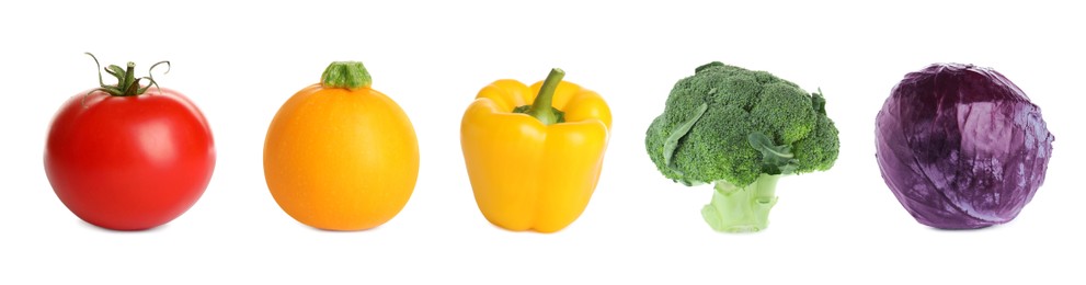 Collection of different fresh vegetables on white background. Banner design