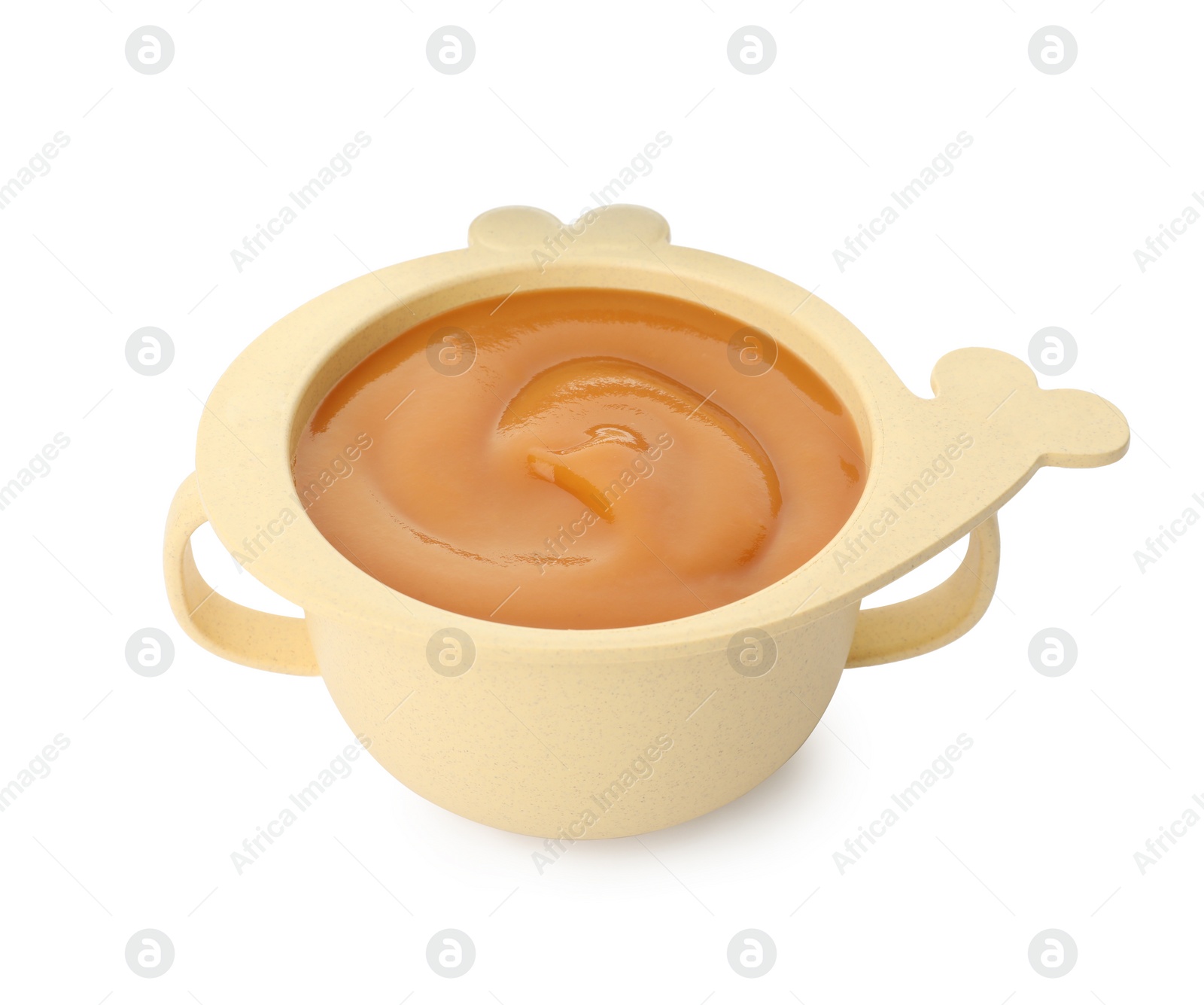 Photo of Bowl of tasty pureed baby food isolated on white