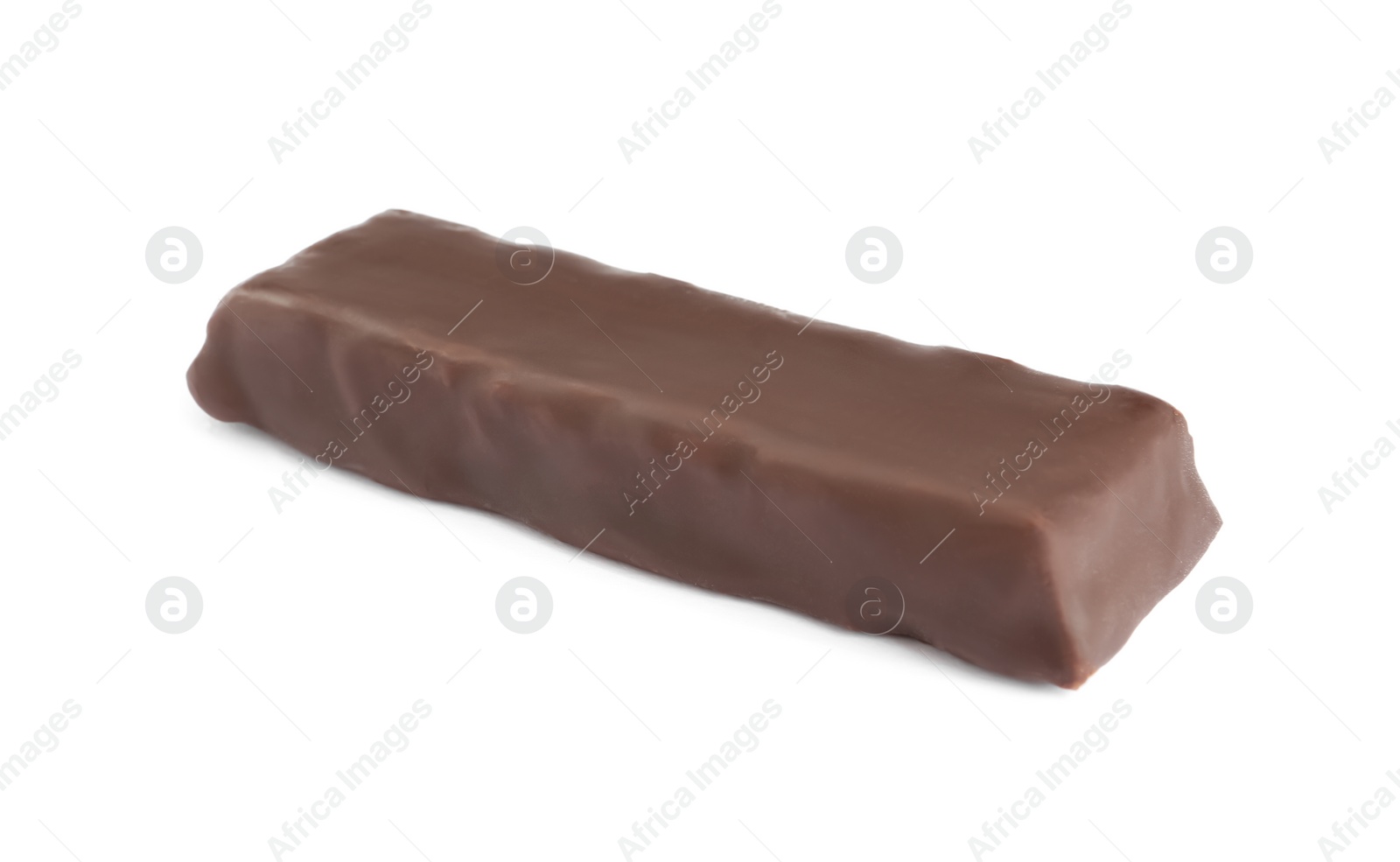 Photo of Tasty chocolate glazed protein bar isolated on white. Healthy snack