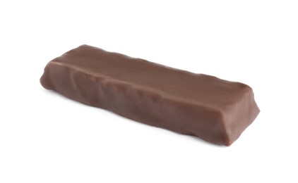 Photo of Tasty chocolate glazed protein bar isolated on white. Healthy snack