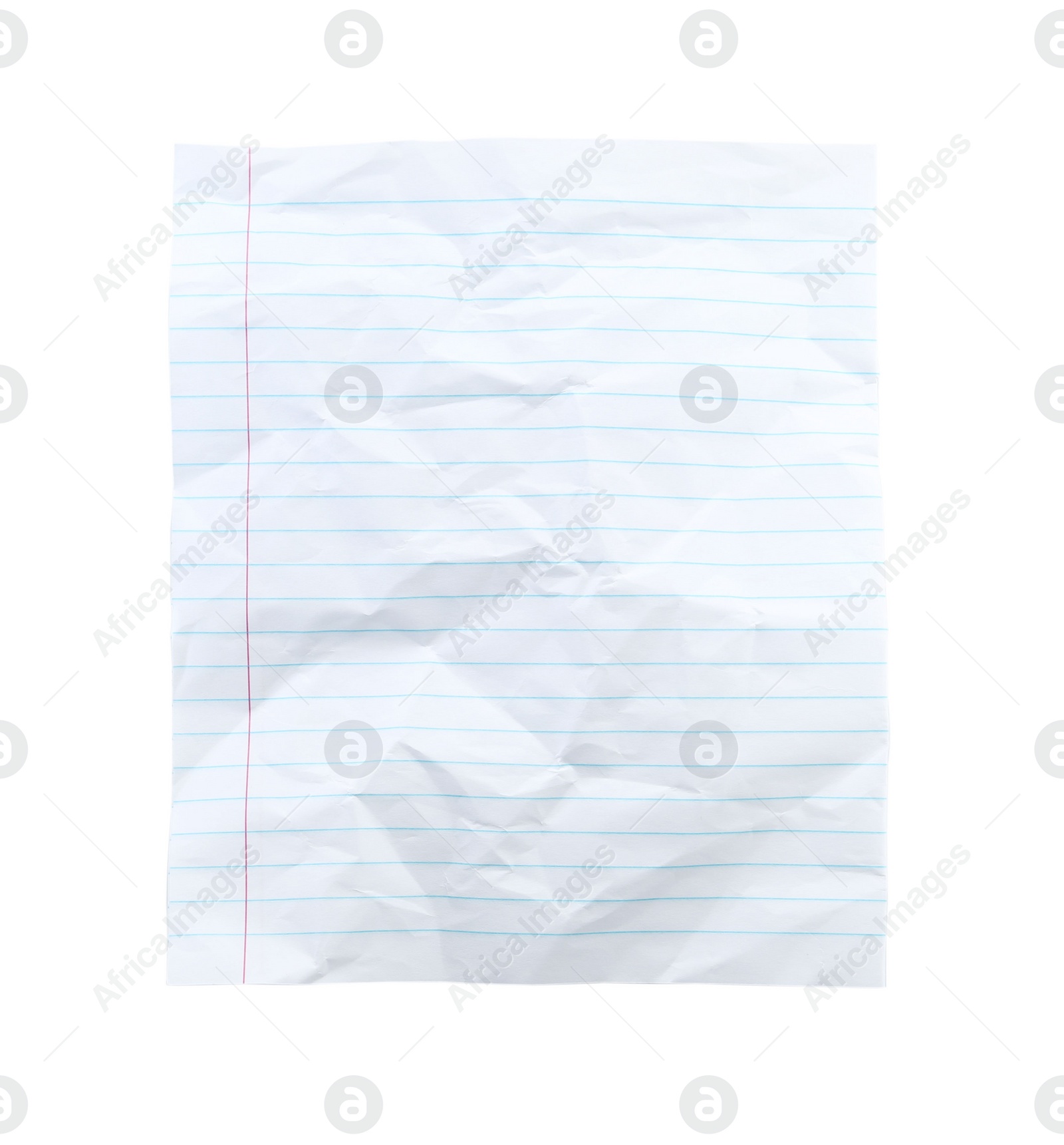 Photo of Crumpled lined notebook sheet isolated on white, top view