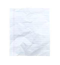 Crumpled lined notebook sheet isolated on white, top view