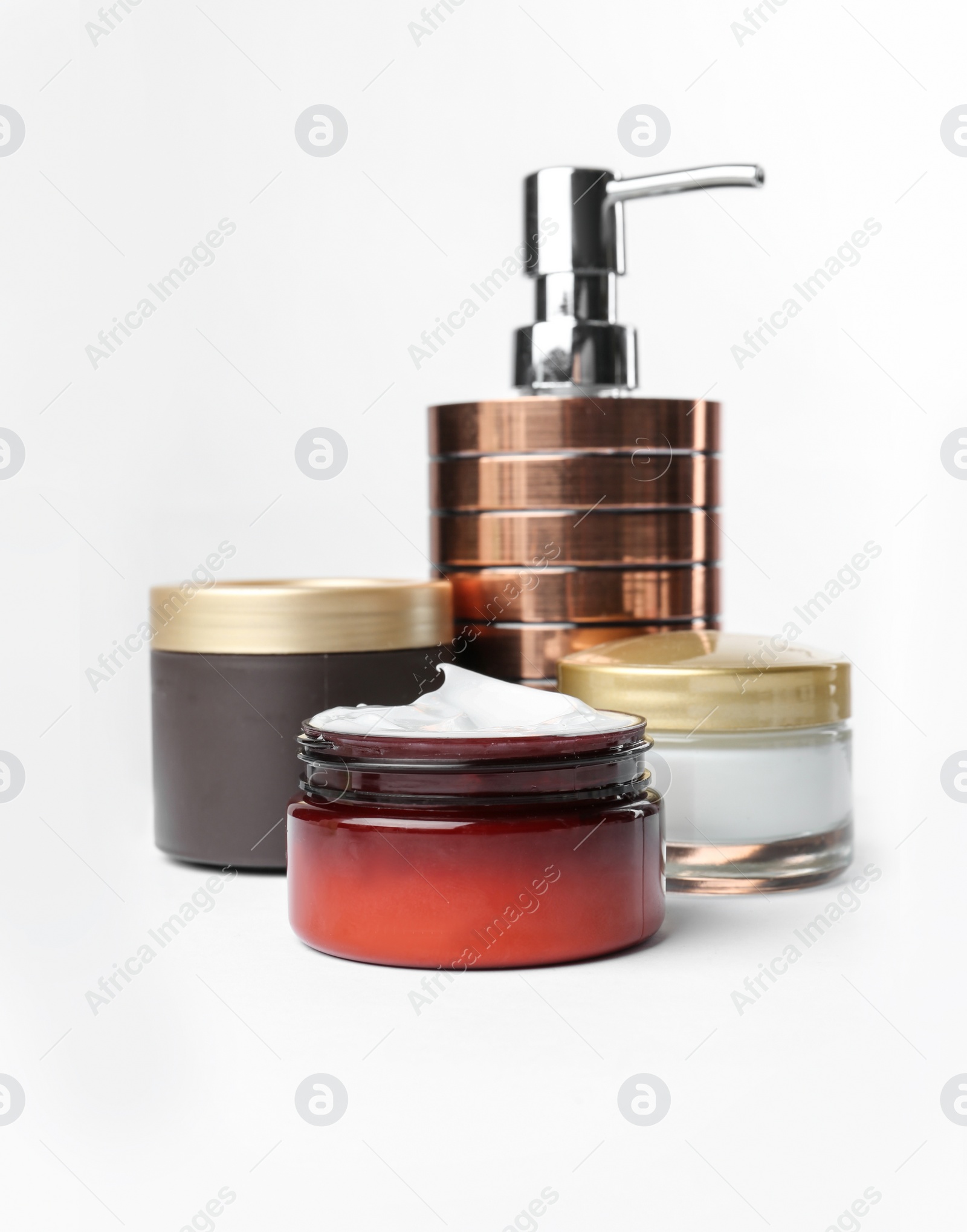 Photo of Different body care products on white background