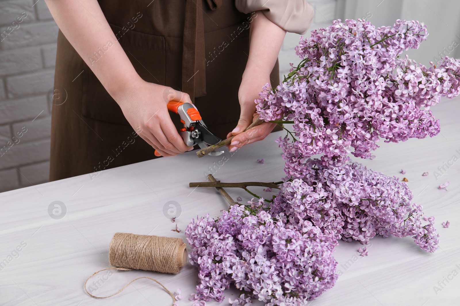 Photo of Woman trimming lilac branches with secateurs at white wooden table, closeup