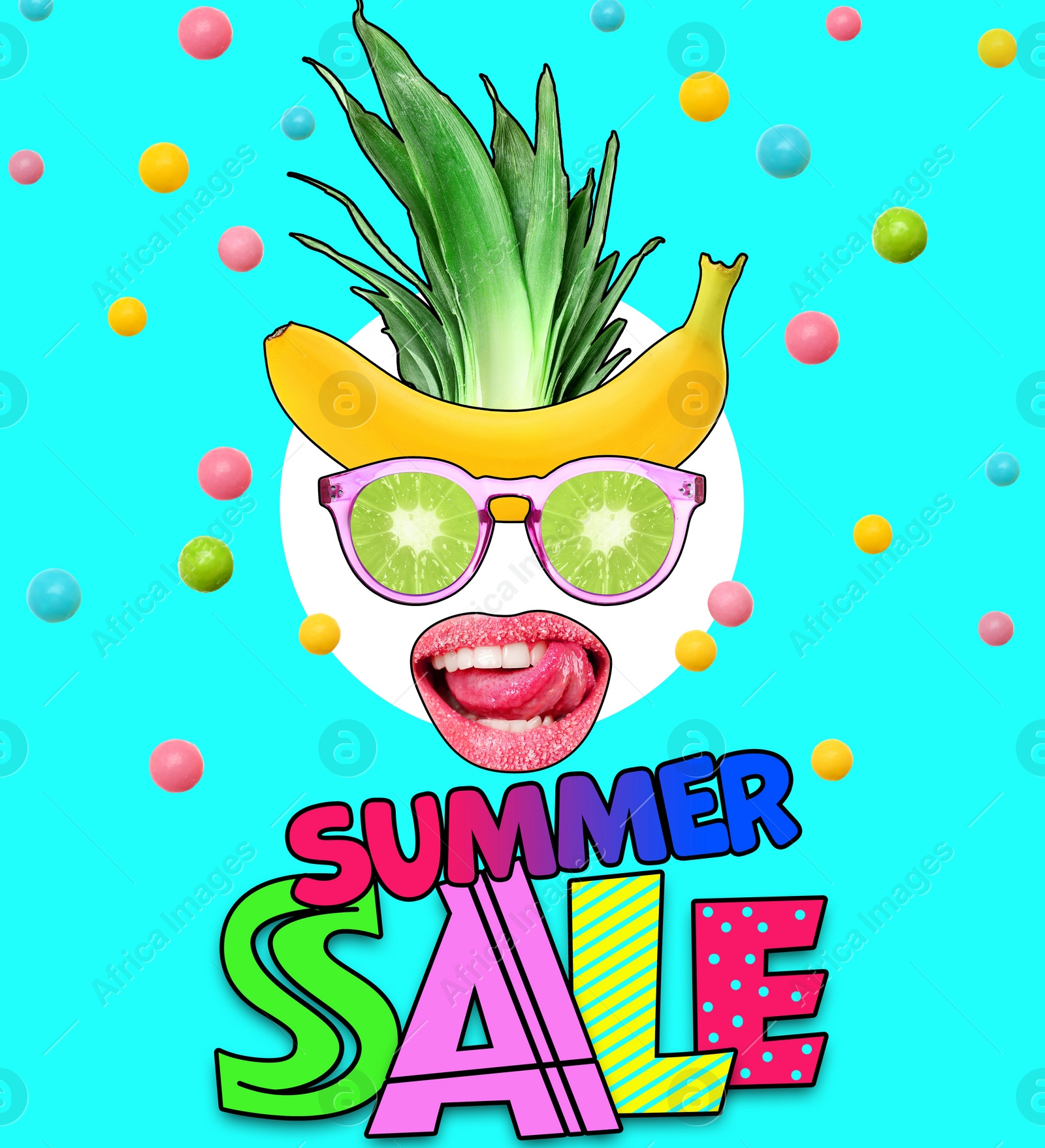 Image of Flyer design. Funny face with citrus sunglasses and text Summer Sale on light blue background