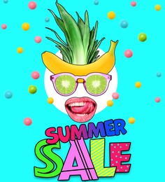 Image of Flyer design. Funny face with citrus sunglasses and text Summer Sale on light blue background
