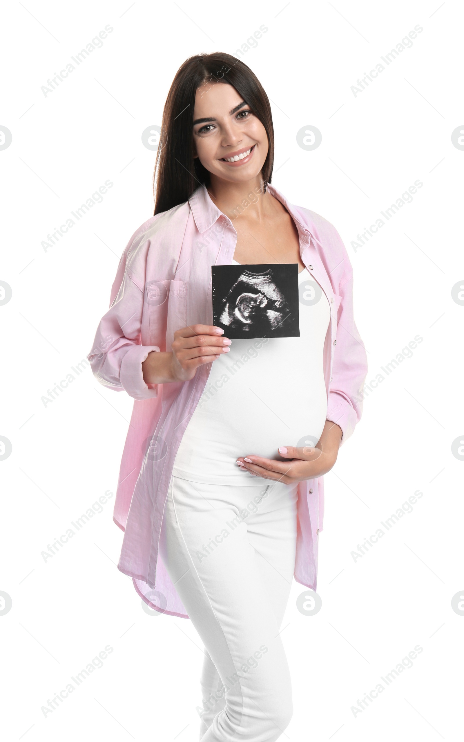 Photo of Happy pregnant woman with ultrasound picture on white background