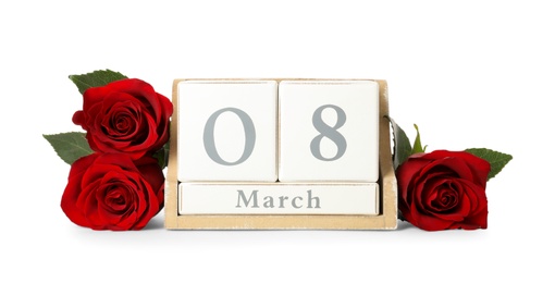 Photo of Wooden block calendar with date 8th of March and roses on white background. International Women's Day