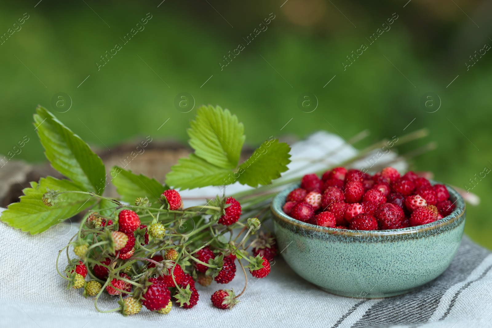 Photo of Bowl and tasty wild strawberries on cloth against blurred background. Space for text