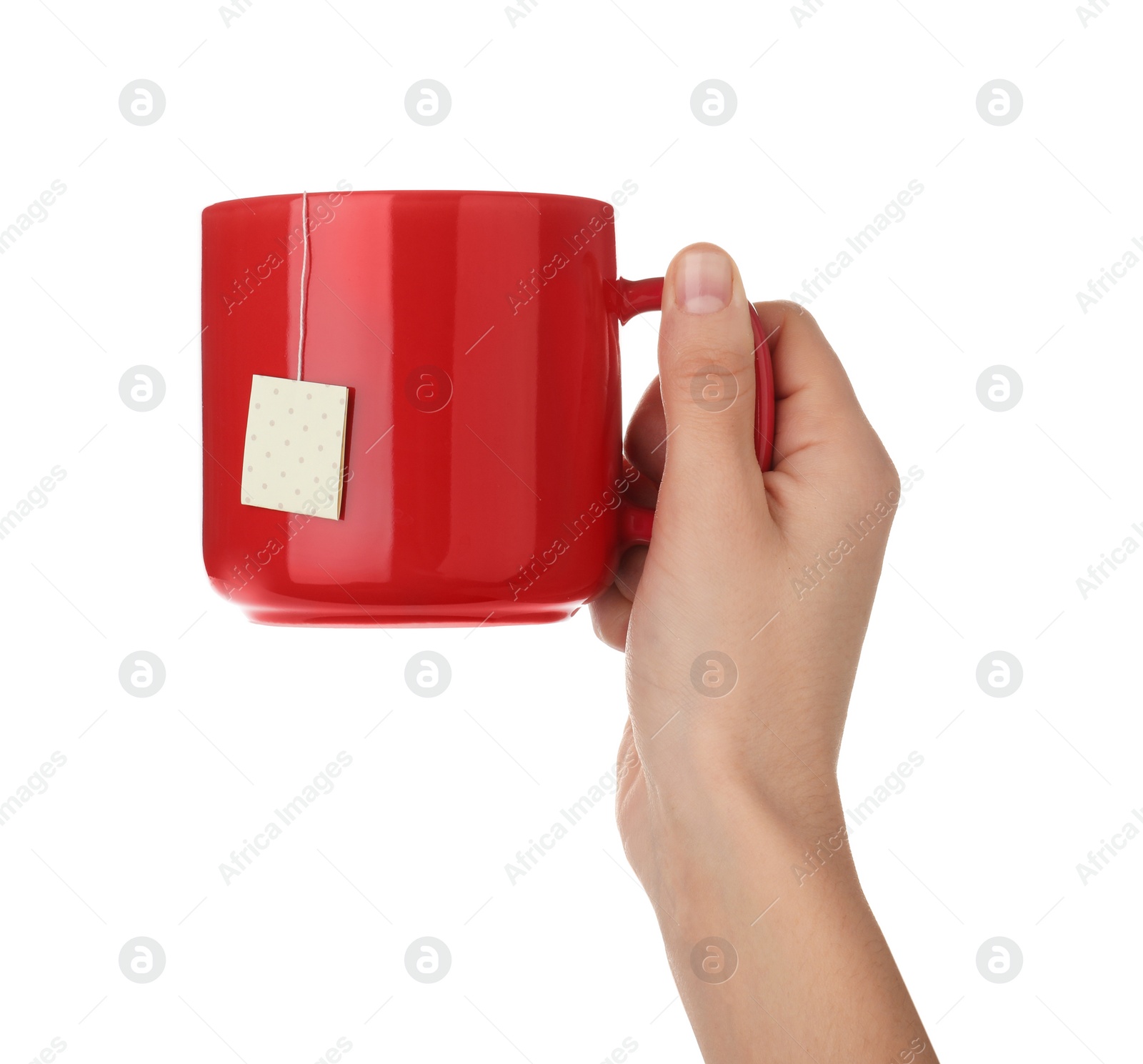 Photo of Woman holding cup of tea on white background