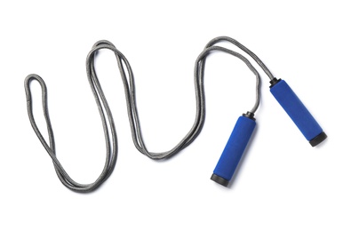 Photo of Jump rope on white background, top view. Sports equipment