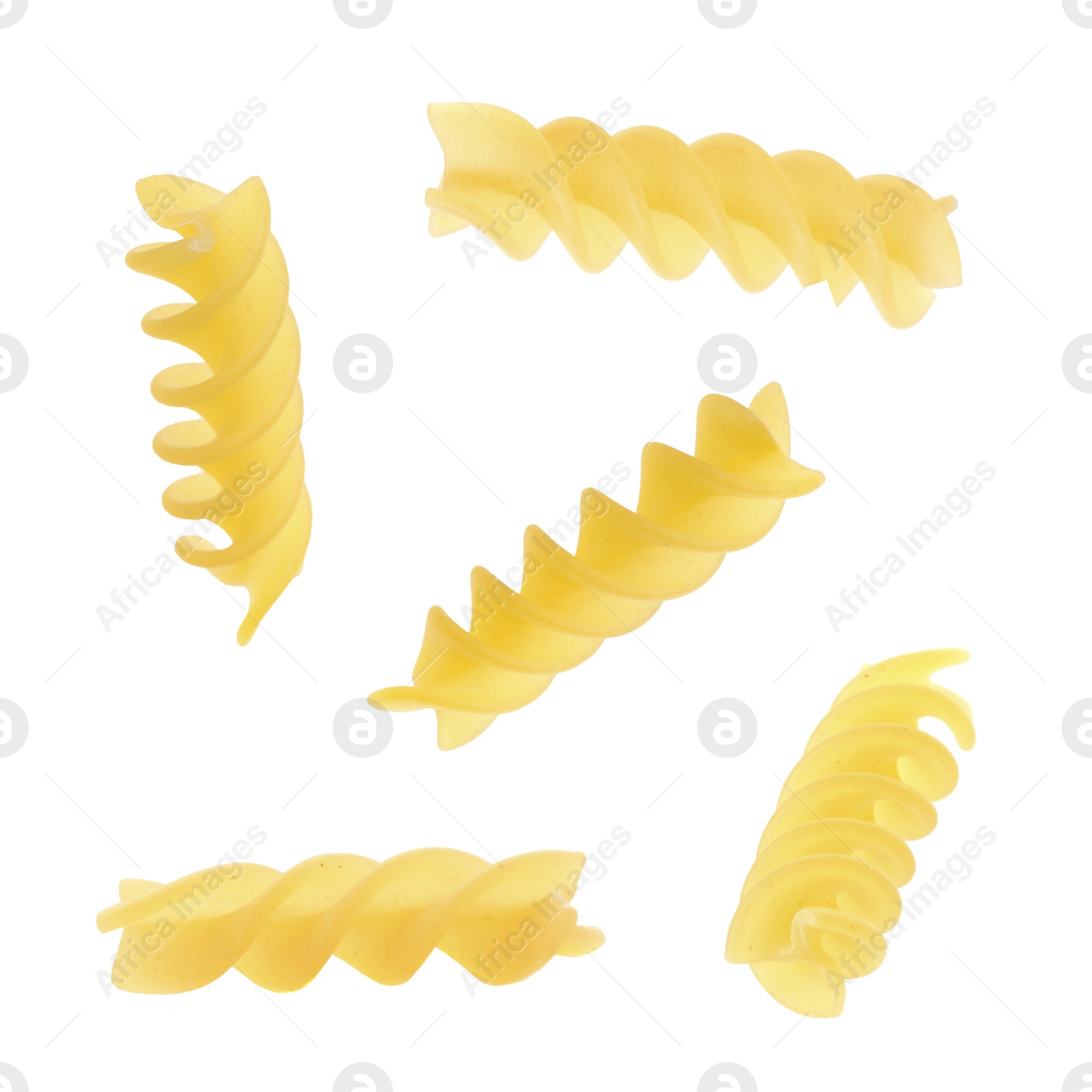 Image of Raw fusilli pasta isolated on white, set