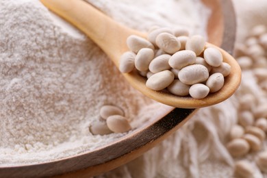 Photo of Wooden bowl with kidney bean flour and seeds, closeup