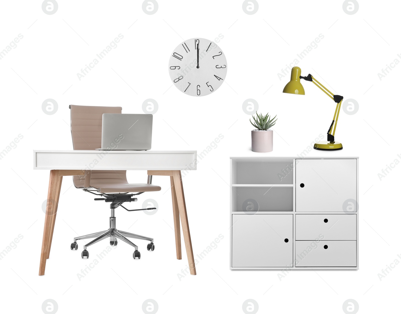 Image of Stylish interior design. Different decorative elements and furniture on white background. Mood board collage